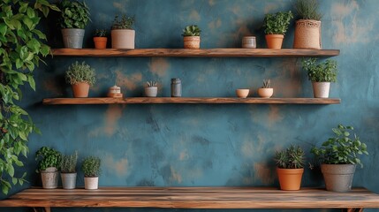 Wall Mural - Cozy indoor space with green plants on wooden shelves against a blue wall