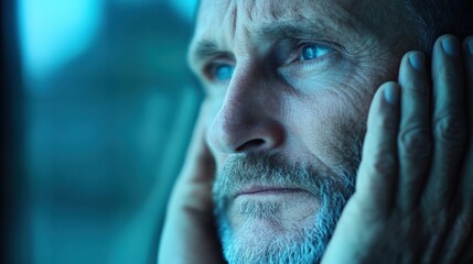 Sticker - man with hands on face looks thoughtful in blue light