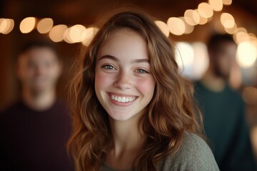 Wall Mural - portrait of a smiling woman with bokeh lights