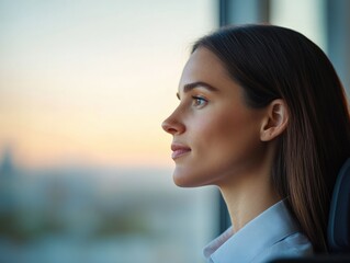 Poster - Woman Gazing Out Window at Sunset