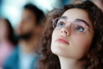 Wall Mural - woman looking up wearing glasses