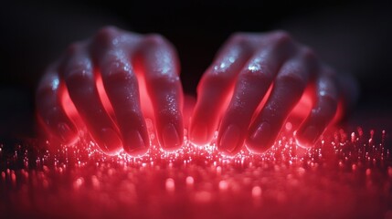 Wall Mural - Hands Touching Red Fiber Optic Lights