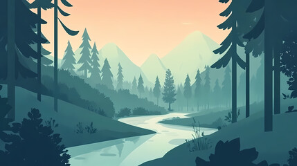 Wall Mural - Serene forest landscape with winding river and mountains - minimalist vector illustration in soft flat style. Crystalline Forests. Illustration