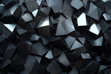 Wall Mural - 3d render, abstract black crystal background, faceted texture, macro panorama, wide panoramic polygonal wallpaper.