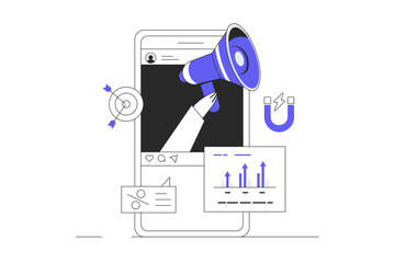 Wall Mural - mobile marketing, social media or network promotion. influencer with megaphone on phone screen. flat