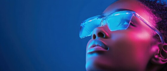 Wall Mural - woman with glowing glasses in blue and pink light