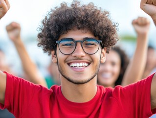 Young adult cheering with arms raised in a crowd