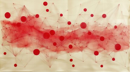 Vibrant web of connections in striking red ink on cream canvas creating a visual exploration of relationships and networks