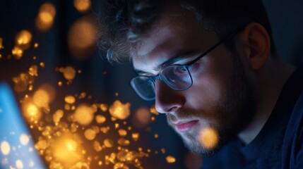 man with glasses looking at screen with bokeh