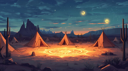 Wall Mural - Camping in the arizona desert a circle of tents with sorcery symbols glowing on the ground enchanted wild landscape. Phantom Caravans. Illustration