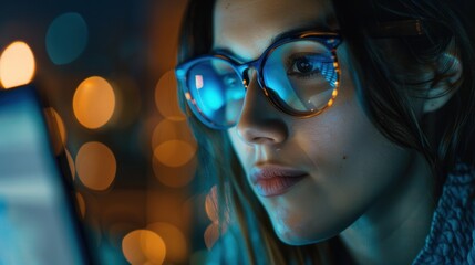 Woman working late at an office with a laptop, focusing on coding and strategy for a startup. Engaged in online tasks and analyzing data as a computer programmer