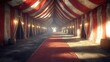 © Bejo - Red-striped tent interior, red carpet, sunlit exit, empty, event