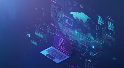 Global data analysis on laptop, futuristic interface
