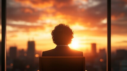 Canvas Print - man looking out at sunset city view