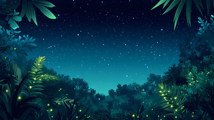 Wall Mural - Serene forest landscape under a starlit sky with glowing plants. Starlit Bioluminescence. Illustration