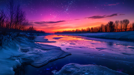 Wall Mural - Serene twilight landscape featuring a vibrant river reflecting a colorful sunset, with ice formations glowing with bioluminescence under a starlit sky. Starlit Bioluminescence. Illustration