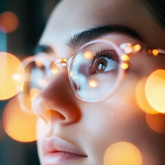 Wall Mural - Close-up of a Woman's Face with Glasses and Bokeh Lights