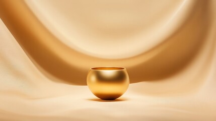 golden bowl on beige fabric background
