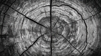 Close-up of a tree stump cross-section showing concentric rings and radial cracks.
