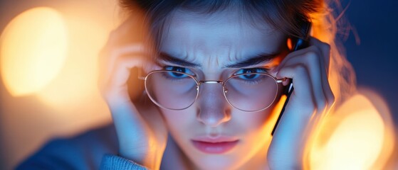 Wall Mural - Young Woman with Concerned Expression Looking Through Glasses