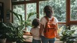 © Andrei - Mother And Daughter With Orange Backpack Preparing For School In Front Of Window At Home