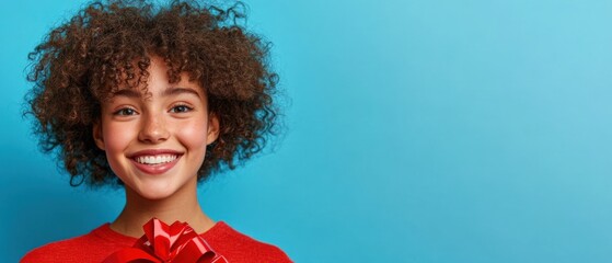 Wall Mural - Excited Woman with Curly Hair Holding a Gift