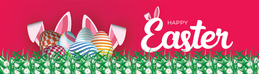 Wall Mural - easter banner with colorful eggs and bunny ears on vibrant pink background, festive spring holiday celebration design