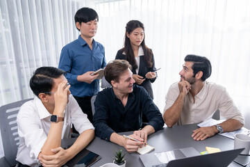 Wall Mural - Group of diverse office worker employee working together on strategic business marketing planning in corporate office room. Positive teamwork in business workplace concept. Prudent