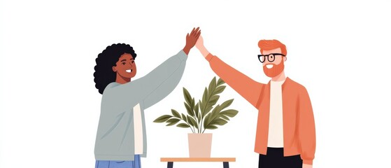 Canvas Print - diverse colleagues high-fiving near plant