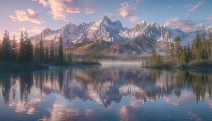 Wall Mural - Panoramic view of snow capped canadian rockies reflecting in still waters at dawn