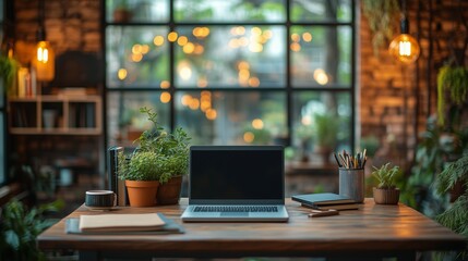 Wall Mural - Cozy workspace with plants and soft lighting in a serene indoor setting