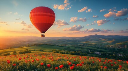 Sticker - Red hot air balloon floats over vibrant flower field at sunset in countryside