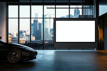 Wall Mural - Modern car garage with blank billboard, city view