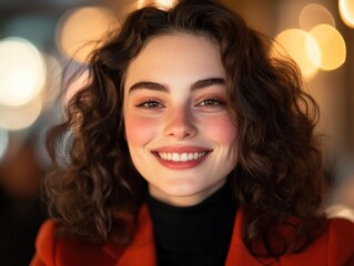 Wall Mural - woman with curly hair smiling at camera