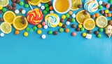 Colorful Candies and Citrus Fruits on Blue Background
