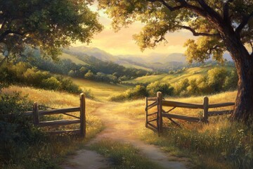 Wall Mural - Open gate on country path, sunlit field, hills, trees at sunset. Use nature scene