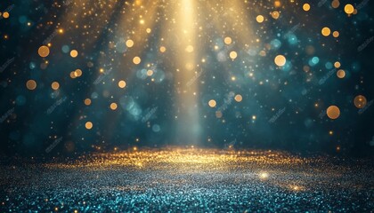 Wall Mural - abstract festive background with golden glitter, blue bokeh lights, and magical glowing beams