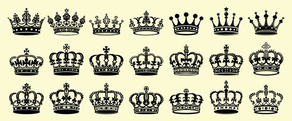Elegant vintage crown collection isolated illustration, vector set
