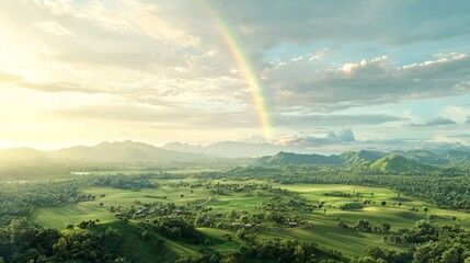 Wall Mural - Bright Rainbow Appearing Over Lush Green Landscape at Dawn