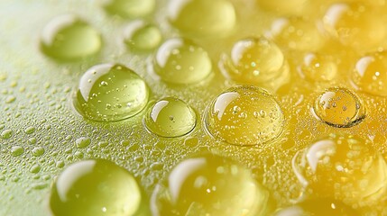 Poster - Golden and green water drops on surface, close-up macro shot, abstract background, ideal for spa or beauty