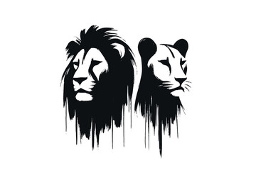 hand-drawn black and white lion and lioness minimalist portrait
