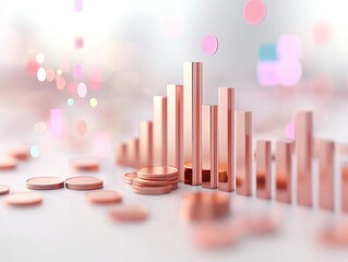 Account budgeting efficiency. Abstract financial graph with copper-colored bars and coins on a soft-focus background.