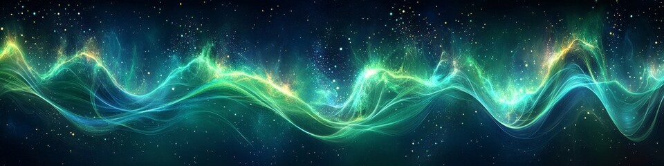 Wall Mural - emerald and cyan light wave, a swirling cosmic abstract background with sparkling stars