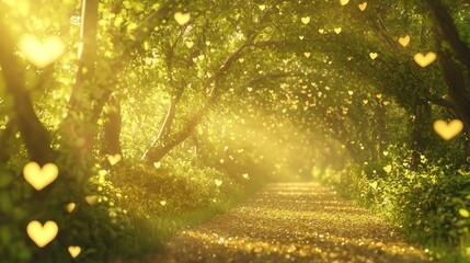 Wall Mural - Romantic Pathway in Forest with Dreamy Heart-Shaped Lights