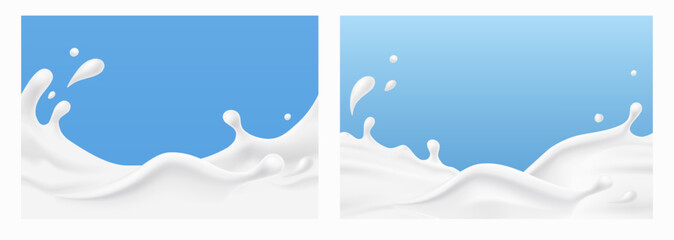 Wall Mural - milk splash seamless patterns. 3d realistic yogurt wave borders on blue backgrounds. vector milky pa