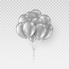 Wall Mural - Silver balloon bunch isolated on transparent background. Vector realistic golden gray festive 3d helium ballons template for anniversary, birthday party design