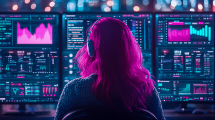 Gamer girl with Neon Magenta hair surrounded by cyber screens for print, card, poster