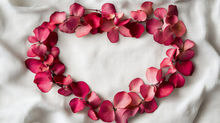 Wall Mural - Valentines day delicate flower petals in heart shape frame on white linen background.