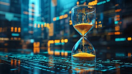 Hourglass on digital city backdrop; time, technology, future