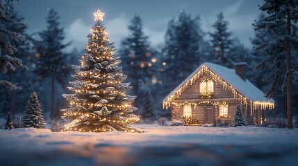 Canvas Print - Illuminated Christmas tree near snowy cabin, winter forest background; holiday card